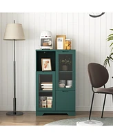 Wooden Floor Cabinet with 2 Glass Doors and 2 Storage Space, Blue Living Room Bathroom Entryway Green