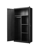 Black Metal Wardrobe Cabinet with Lockable Doors, Adjustable Shelves, and Hanging Rod