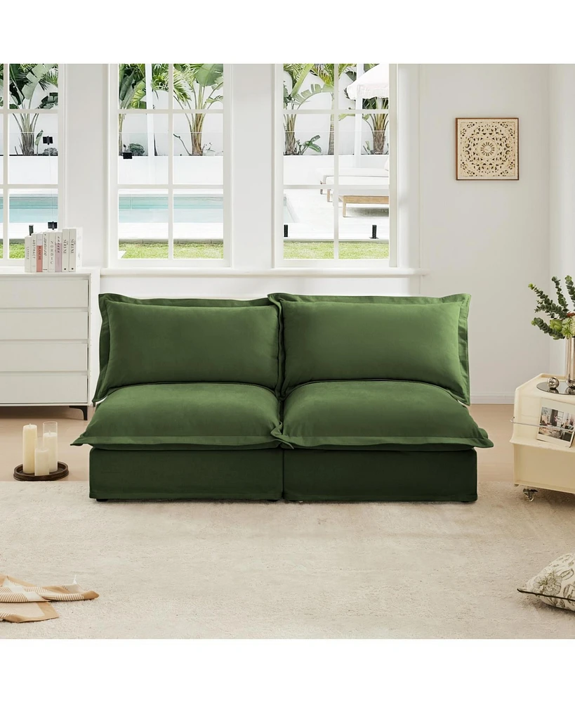 Slipcovered Armless Sofa with Convertible Design & Pillows, Green Chenille Fabric