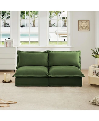 Slipcovered Armless Sofa with Convertible Design & Pillows, Green Chenille Fabric