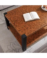 Burl Wood Grain Coffee Table with Matte Black Double Layer