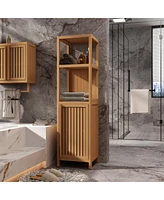 Storage Tall Slim Cabinet with Shutter Door and 3 Tier Shelves, Freestanding Linen Tower Cabinet for Living Room, Kitchen, Bathroom Organizer, Natural