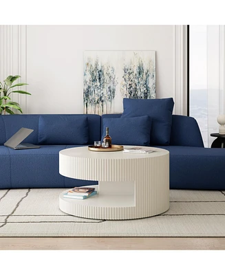 31.5" Round Coffee Table, Modern Center Table with Storage, Vertical Stripe Design Coffee Table for Living Room, Bedroom(White)