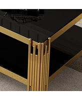 Top and Bottom Double Layer Tempered Glass Coffee Table and Mirror Finished Stainless Steel Frame