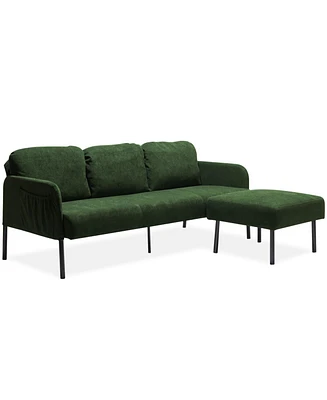 Modern 3-Seater Sofa with Ottoman, Green Velvet Fabric