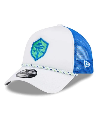 New Era Men's White/Blue Seattle Sounders Fc Court Sport Foam A-Frame 9FORTY Adjustable Trucker Hat