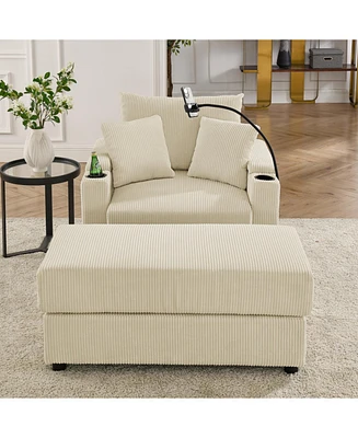 Modern Sofa with Storage & Ottoman: Cozy Corduroy, Cup Holders, Charging Ports