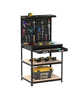 32 x 16 Inch Workbench Work Table with 2 PCs Pegboard Drawer and Shelves-Black