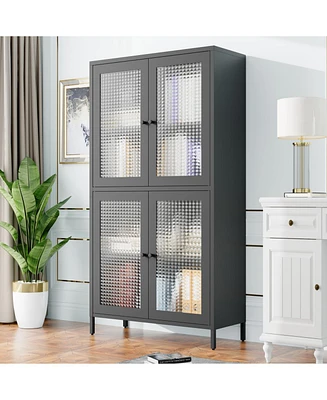 Classic Metal Storage Cabinet Display Cabinet with 4 Glass Doors 4 Shelves Cabinet Bookcase Side Cabinet for Home Office Living Room Kitchen Hallway