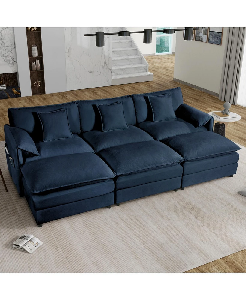 Oversized Cloud Sofa Sleeper with Ottomans - Blue