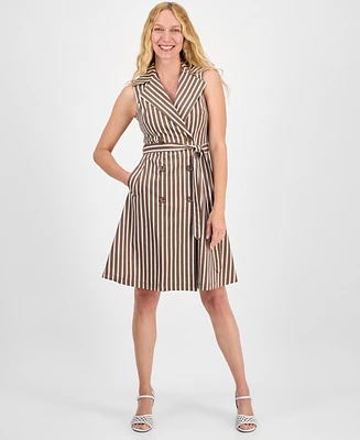 Robbie Bee Women's Striped Belted Sleeveless Fit & Flare Dress
