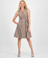 Robbie Bee Women's Striped Belted Sleeveless Fit & Flare Dress