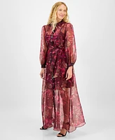 julia jordan Women's Printed Button-Front Long-Sleeve Gown