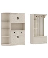 Hall Cabinet w/ Storage & Hooks - Beige