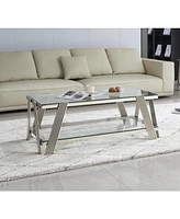 47" Stainless Steel Coffee Table with Glass Top and Storage