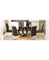 63" Glass Dining Set with 6 Black Chairs & Gold Legs
