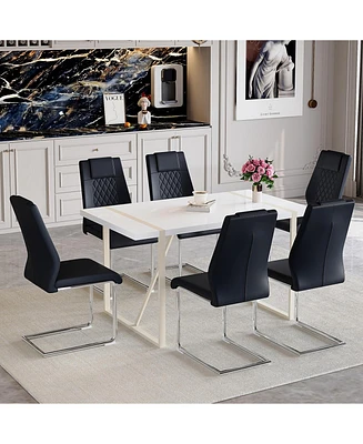 55" Cream White Dining Set: Table & 6 Black Chairs