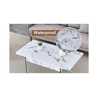 Multifunctional Lift Top Coffee Table with Modern Marble Pattern and Tempered Glass Legs