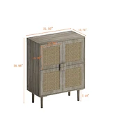 4-Doors Rattan Mesh Storage Cabinet, Sideboard with Eight Storage Spaces, for Entryway, Living Room, Hallway (Grey with Woodgrain)