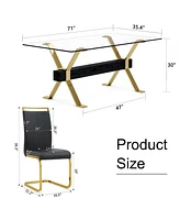 71" Glass Dining Set with 8 Black Pu Chairs & Gold Metal Legs