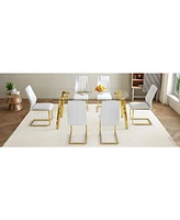 Golden Leg Glass Table & 6 White Pu Chairs
