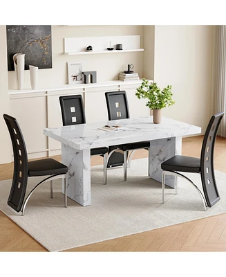 White Marble Dining Set - 4 Pu Chairs, Silver Legs