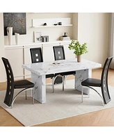 White Marble Dining Set - 4 Pu Chairs, Silver Legs