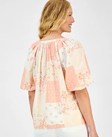 Style & Co Women's Printed Bubble-Sleeve V-Neck Blouse, Exclusively at Macy's