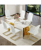 Pandora Sintered Stone Table and White Pu Chairs with Golden Legs