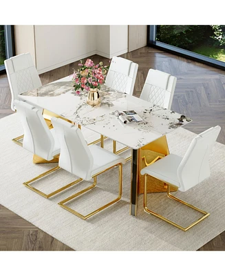 Pandora Sintered Stone Table and White Pu Chairs with Golden Legs