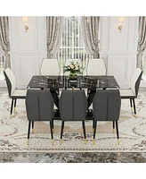 Marble Glass Dining Set with 8 White and Gray Chairs