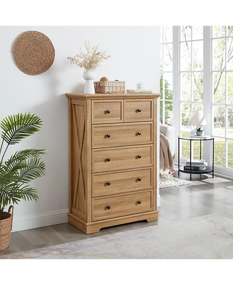 6 Drawer Dresser,6 Drawers cabinet Tall Chest of Drawers Closet Organizers Storage Clothes, cabinet of 6 drawers Living Room, Oak, 31.50" L15.75W