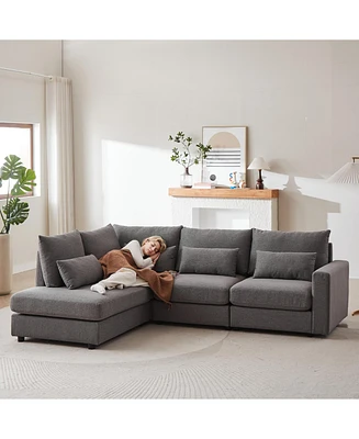 100" Convertible L-Shaped Linen Sofa with Ottoman & Cushions