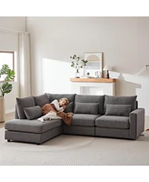 100" Convertible L-Shaped Linen Sofa with Ottoman & Cushions
