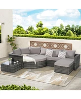 8pc Outdoor Patio Sofa Set, Wicker Sectional with Ottoman & Table