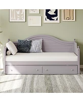 Twin Size Wood Daybed with 2 Storage Drawers, Wooden Sofa Bed with Handrail for Living Room Bedroom, Light Grey