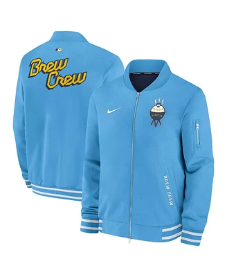 Nike Men's Light Blue Milwaukee Brewers Authentic Collection City Connect Full-Zip Bomber Jacket