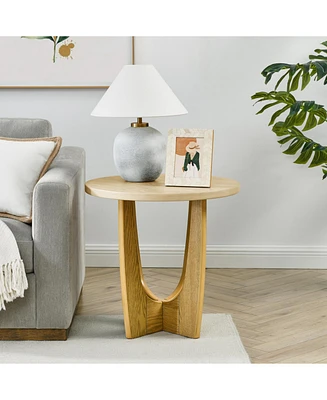 25" Round End Table, Wooden Side Table, Night Stand for Bedroom, Living Room, Reception Room (Oak Color)