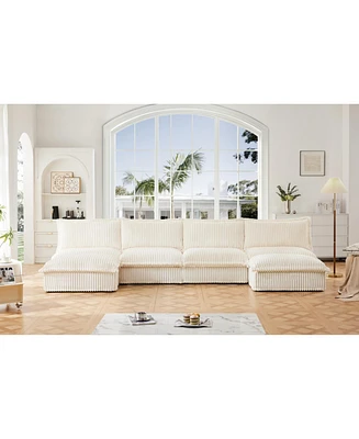 Slipcovered 4-Seater Sectional Sofa with Ottoman and Accent Pillows