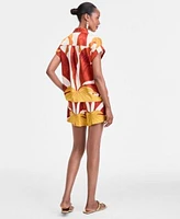 I.N.C. International Concepts Womens Printed Button Down Camp Shirt Matching Drawstring Shorts Exclusively At Macys