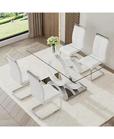63" Glass Table with 4 Pu Chairs, White Mdf Bracket & Silver Legs