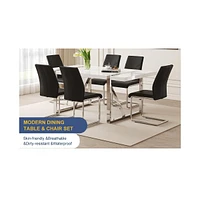 White Mdf Dining Table Set with 6 Black Pu Chairs (71"x39.3