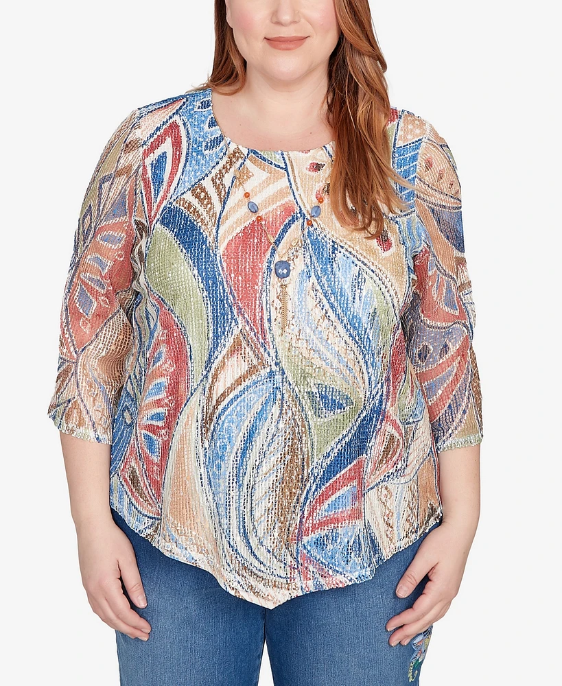 Alfred Dunner Plus Leaf Textured Top with Necklace