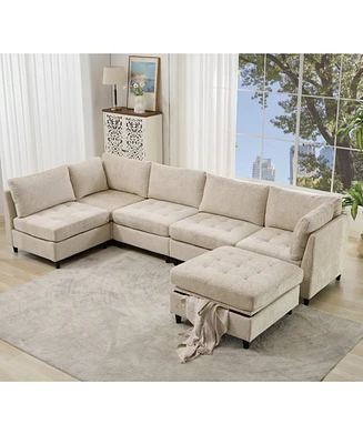 Modular U-Shaped Sofa with Ottoman and Storage, Upholstered Chenille, 6-Seat Sectional