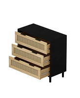 3-Drawers Rattan Storage Cabinet Rattan Drawer,for Bedroom,Living Room,Dining Room,Hallways,Black