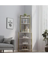 6-Tier Corner Open Shelf Modern Bookcase Wood Rack Freestanding Shelving Unit, Plant Album Trinket Sturdy Stand Small Bookshelf Space-Saving for Livin