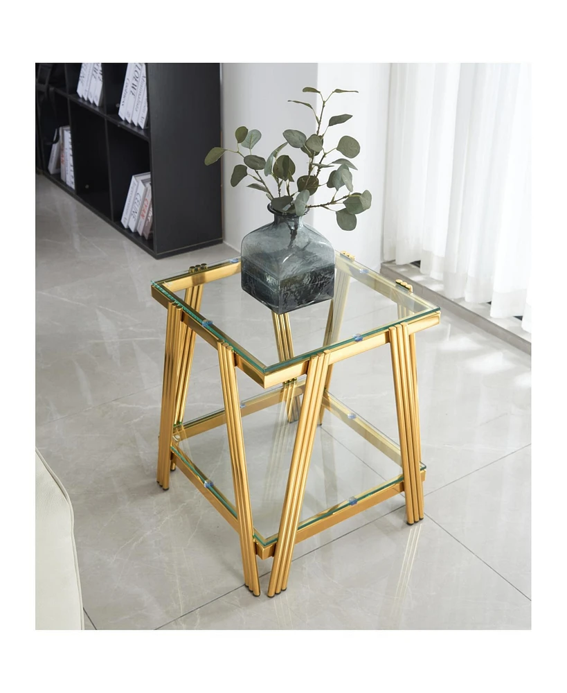 20" Square Gold End Table - Glass Top & Storage