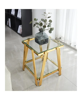 20" Square Gold End Table - Glass Top & Storage