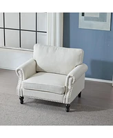 40" Nailhead Trim Sofa, Beige Faux Leather Rolled Arm, 1 Seater