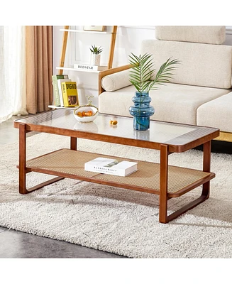 Walnut Wood & Glass Tea Table with Rattan Detail, Perfect for Home Decor